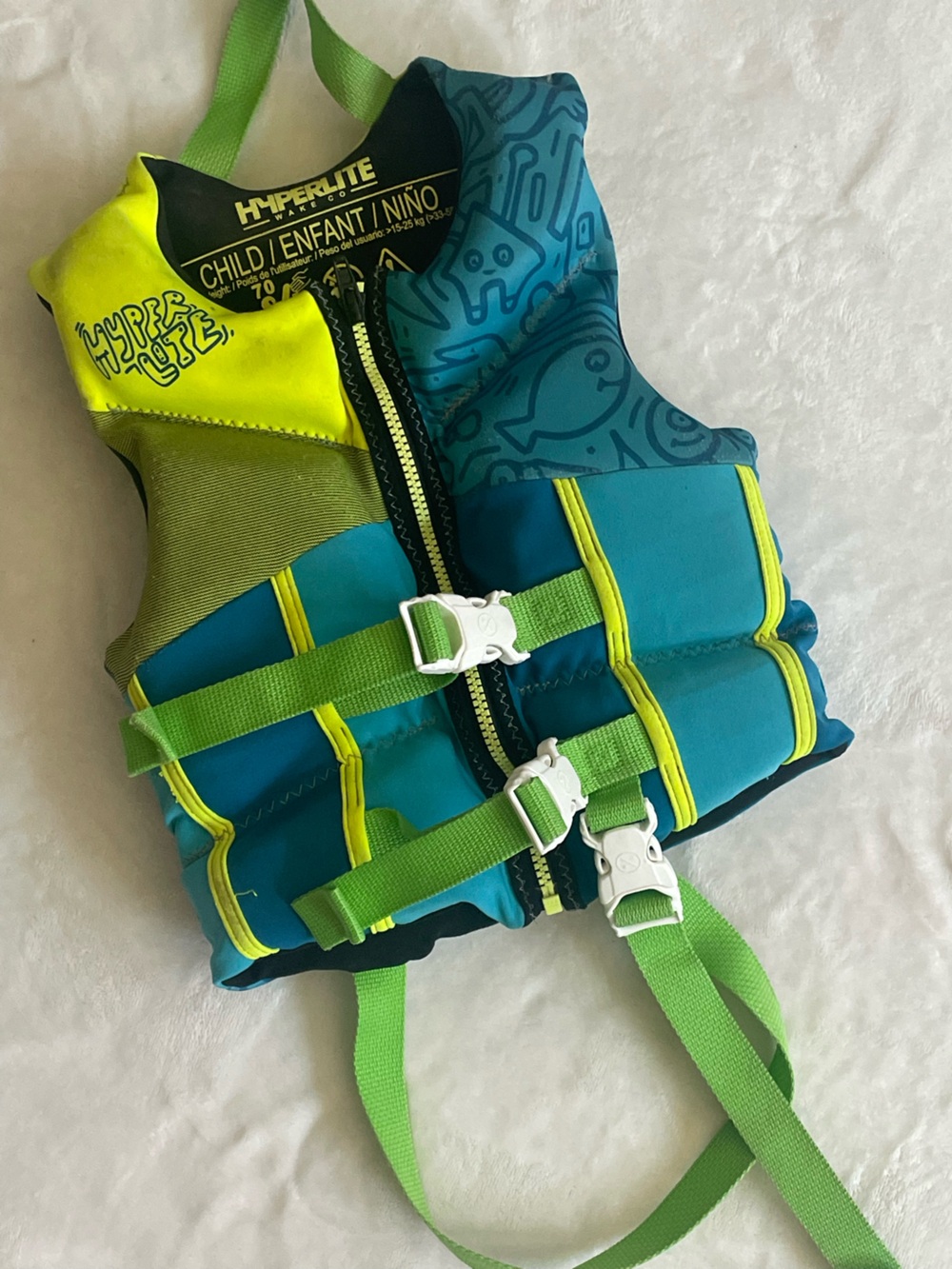 Hyperlite Child Life Jacket Vest 30-50 lbs USCG Approved Blue Neon Green Fish